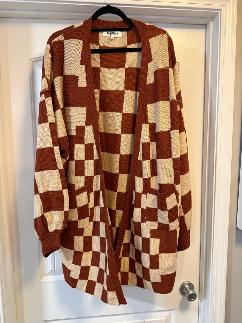 Haptics Rust & Cream Checkered Open-Front Cardigan